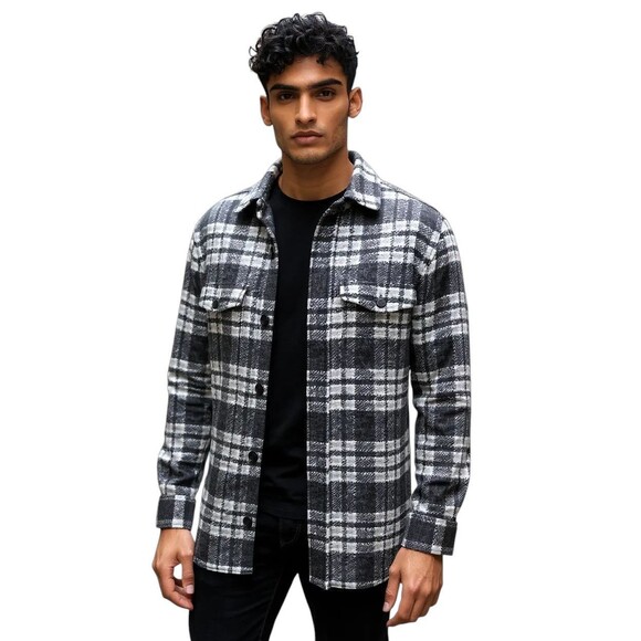 Express Shirt Mens Large Black Gray Plaid Wool Blend Flannel Shacket Preppy - Picture 1 of 8